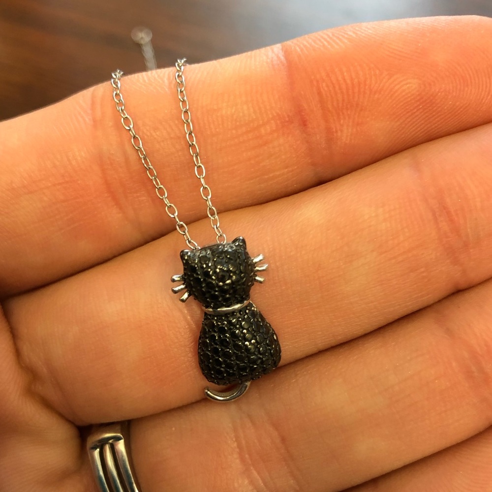 Cute black sterling w diamond accent cat necklace